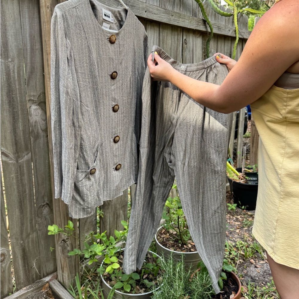 Gray Striped Button-Up Jacket and Pants Set